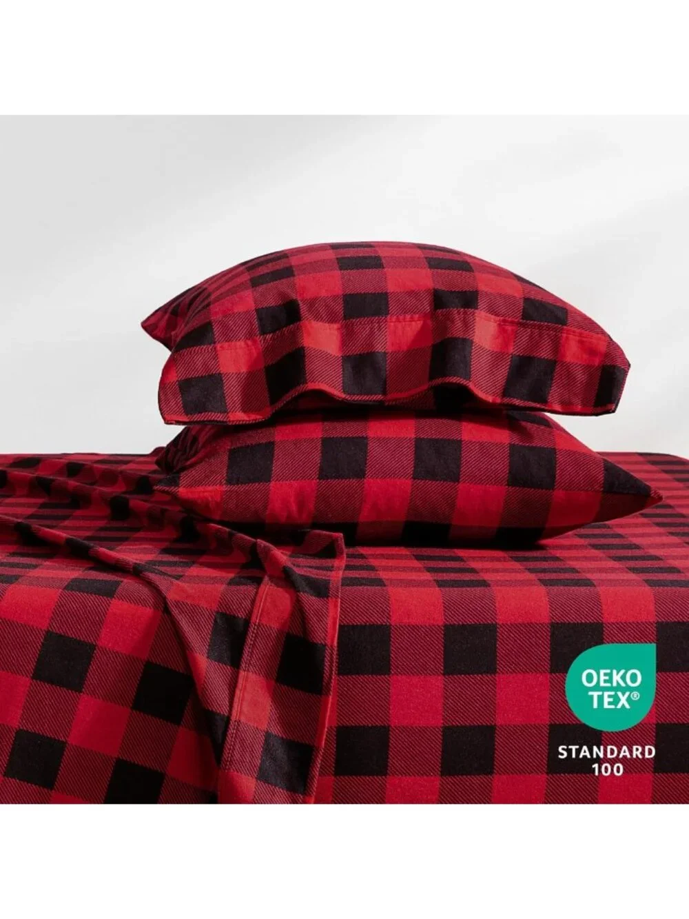 Cozy Cal King Flannel Sheet Set - Buffalo Plaid Red/Black, Soft & Warm Bedding